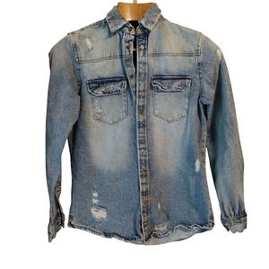 Zara Distressed Blue Denim Jacket Sz S